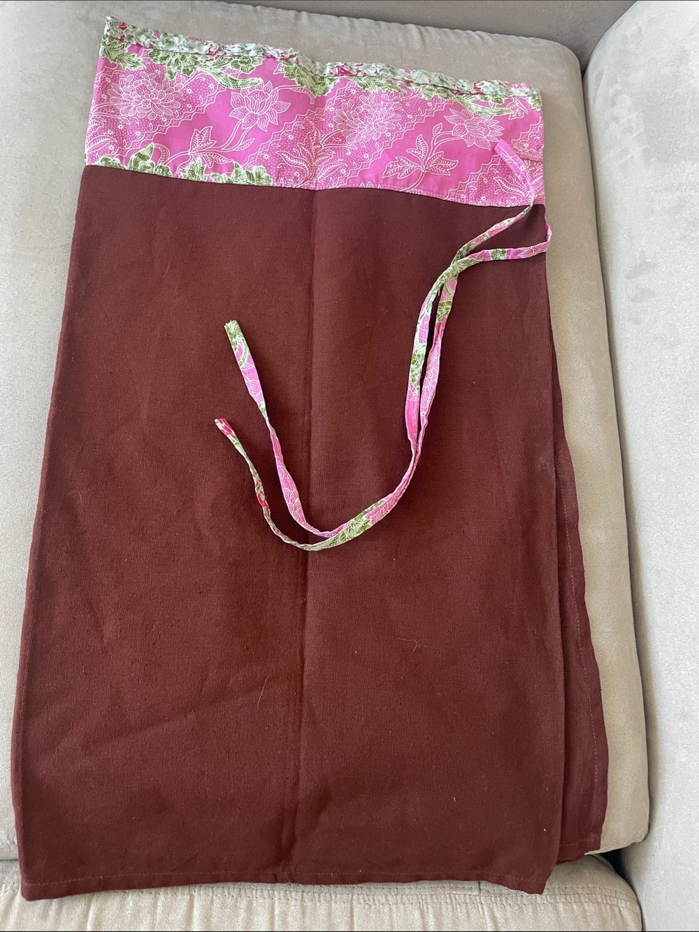 Brown Tote Bag with Pink Floral Trim - Women's Drawstring Tote